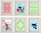 Set of Six Modern/Vintage Coral/Turquoise Wall Art - 8x11 Print Set - Home Decor - For Home (Unframed)