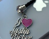 Diamond I LOVE JUSTIN BIEBER Iphone Earphone Plug/Dust Plug - Cellphone Headphone Handmade Decorations