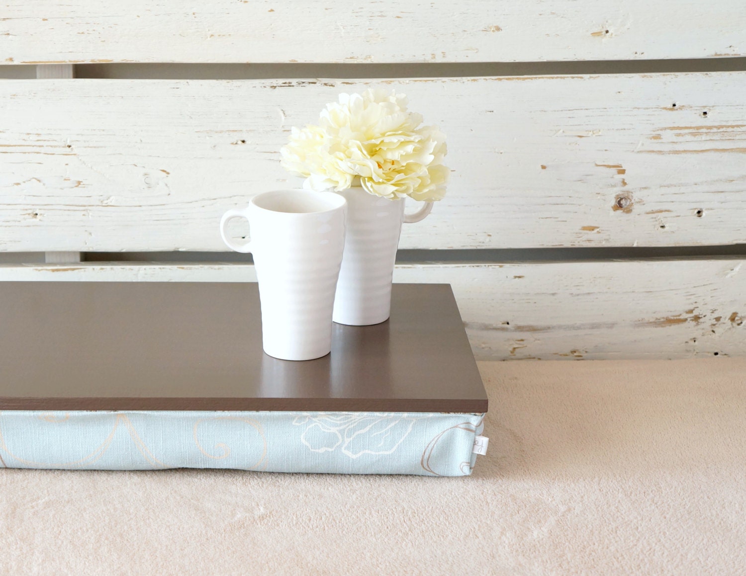 Computer pillow tray without borders- Greyish brown with sky blue floral cushion- Custom Order