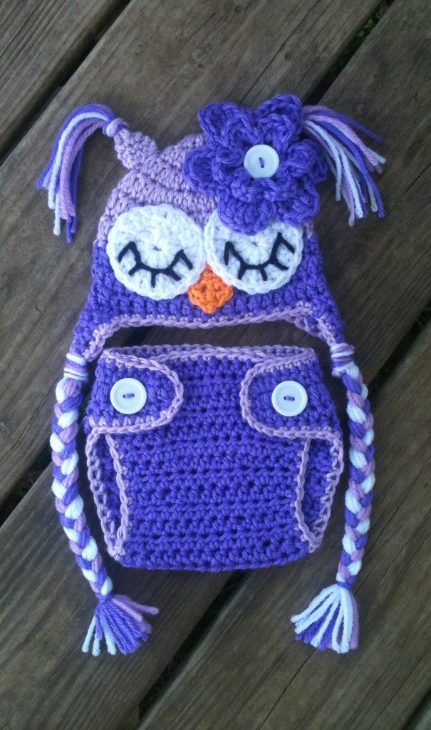 Newborn Baby Girl Sleepy Crochet OWL Purple Diaper Cover -n- Beanie Hat Set -- Cute Photo Prop