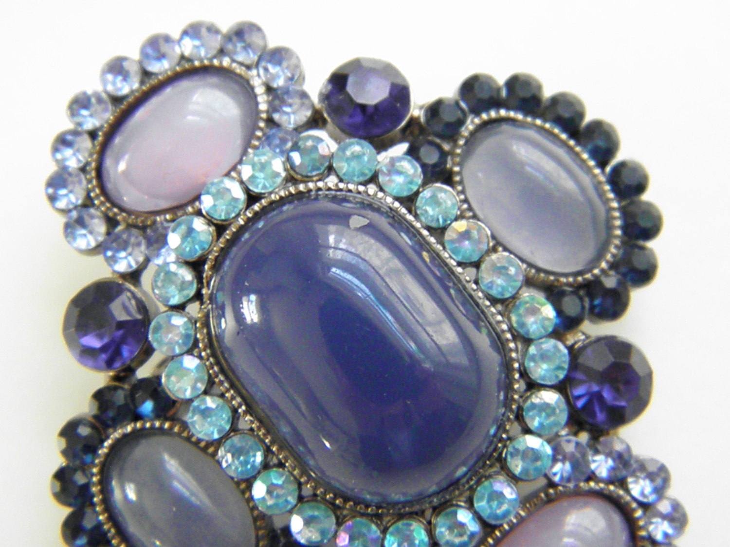 Large Vintage Blue Pink Cabochon Rhinestone Brooch Pendant
