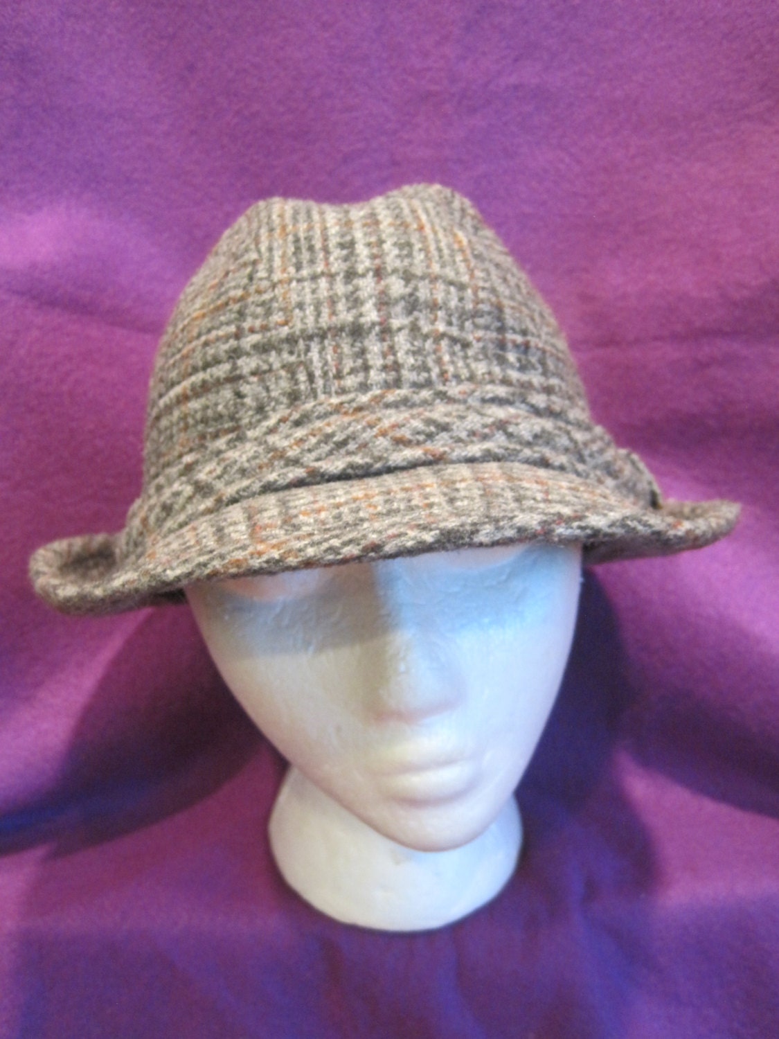 Vintage 1960s 1970s Wool Tweed Hat Plaid Fedora Unisex Mens Womens Blue Gray Copper Rust Brown 7-1/4 Large
