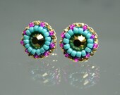 Gypsie Bohemian Style Swarovski Flower Stud Earrings Turquoise Gold Hot Pink FUN Jewelry Summer Spring Beaded Studs Mexican