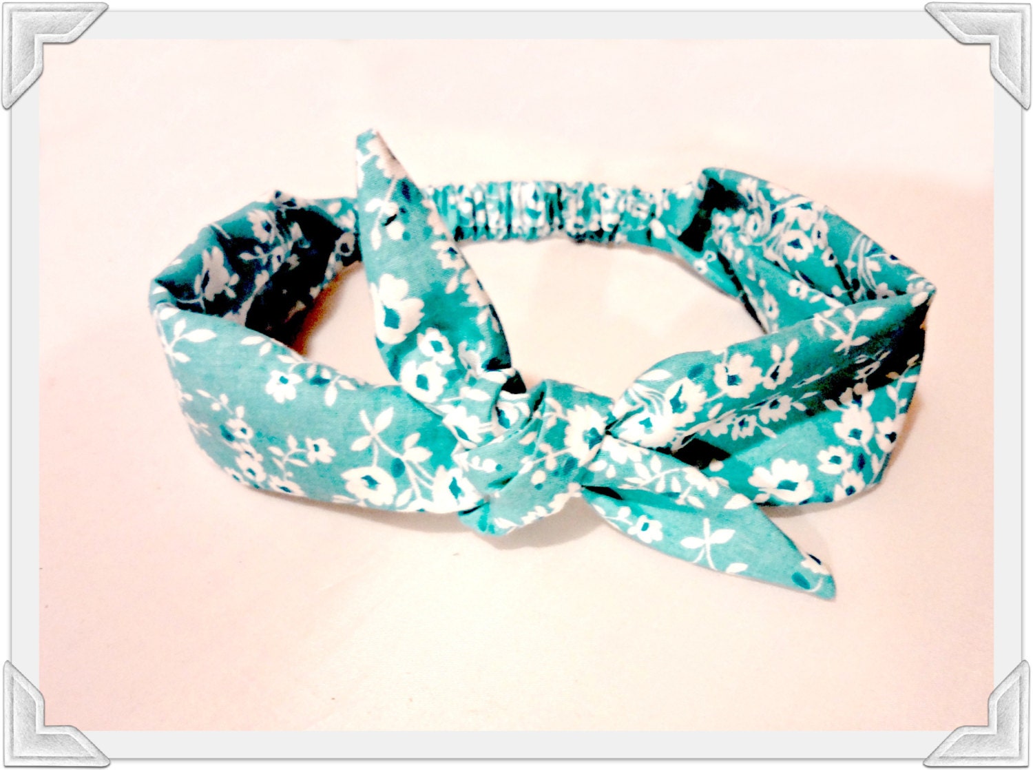 Bow Tie Headband Blue Flower Head Scarf Teal Summer Spring Rockabilly Vintage Inspired Hairband