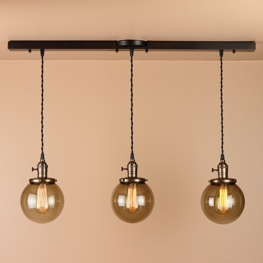 3 Light Chandelier Linear Pendant Lights 6 inch Smoke Glass Globes