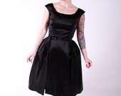 1950s Vintage Dress...Glamorous Black Satin 50s Cocktail Evening Dress with Optional Peplum Overskirt Size Small