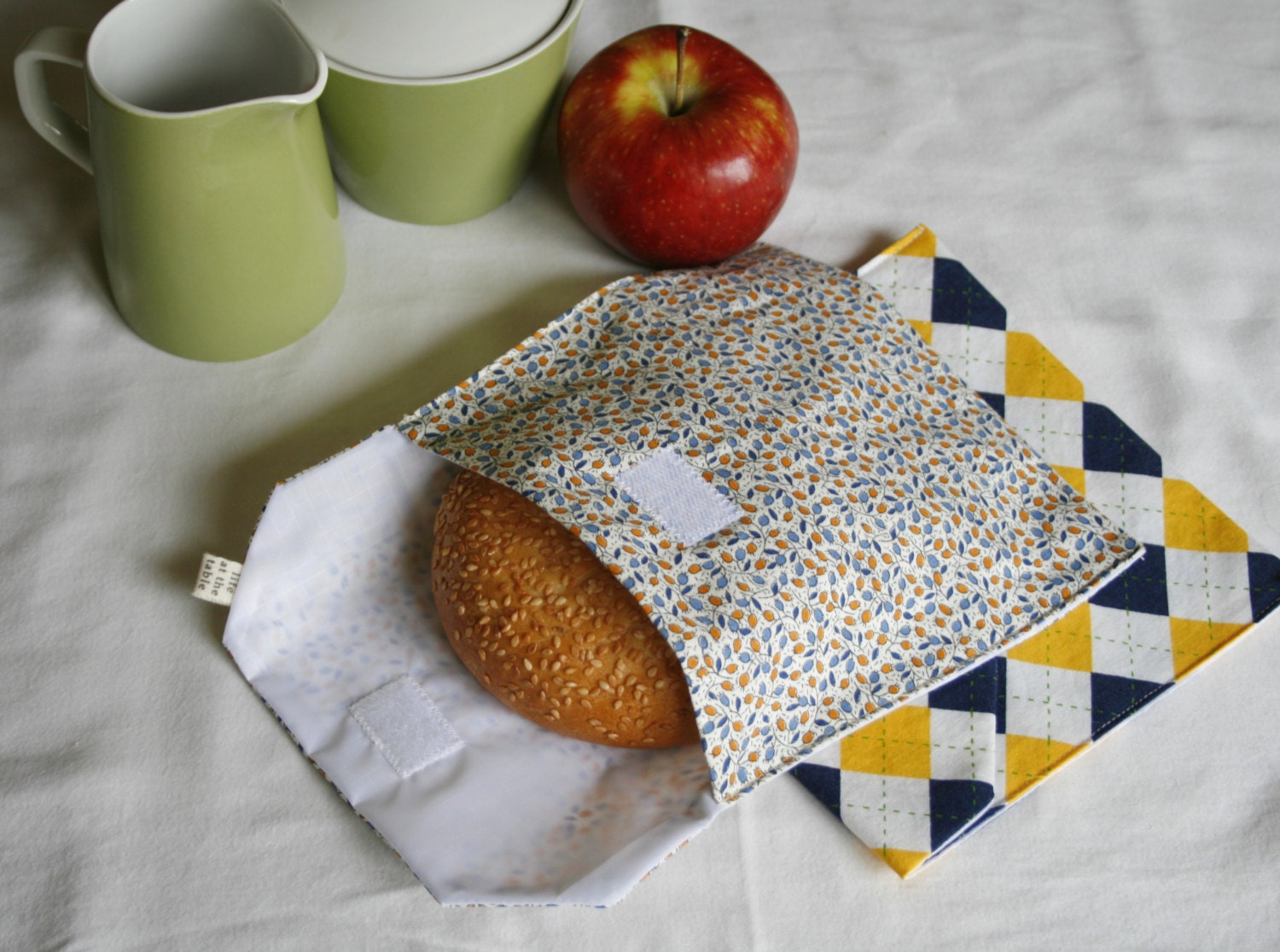 pair of reusable, lined sandwich bags in blue & yellow plaid