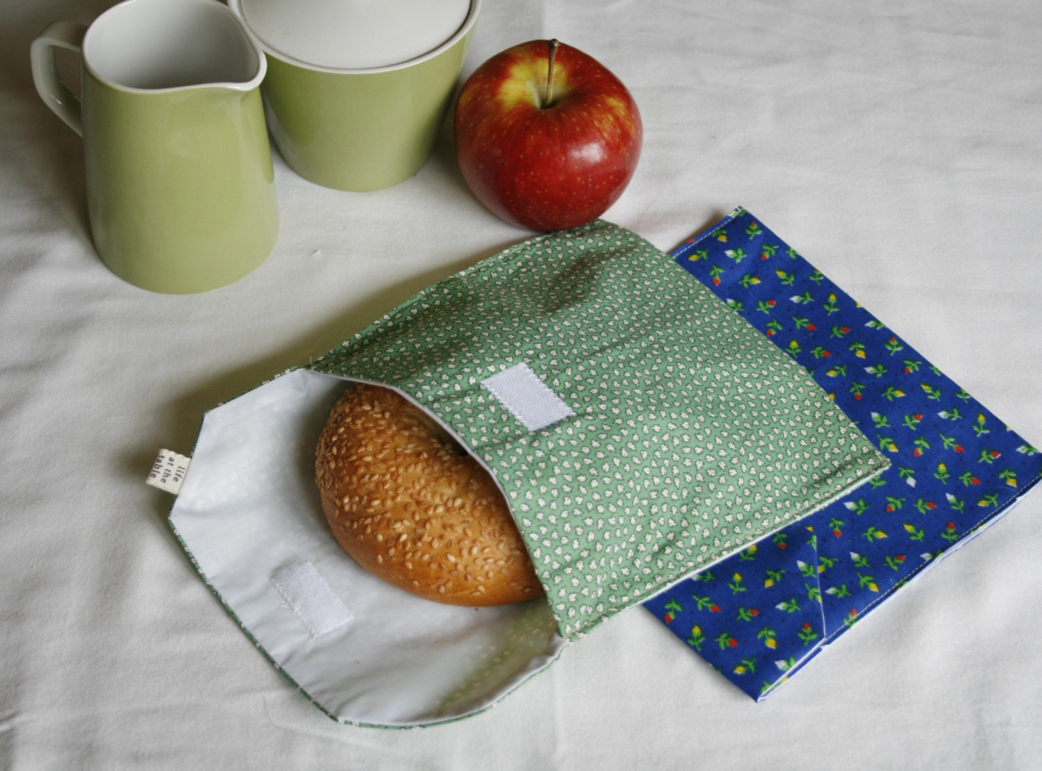 pair of reusable, lined sandwich bags in green & vintage blue mini