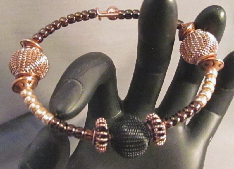 Antique Copper, Dark Bronze, Light Copper, Copper and Black Mesh Beads Beaded Bracelet