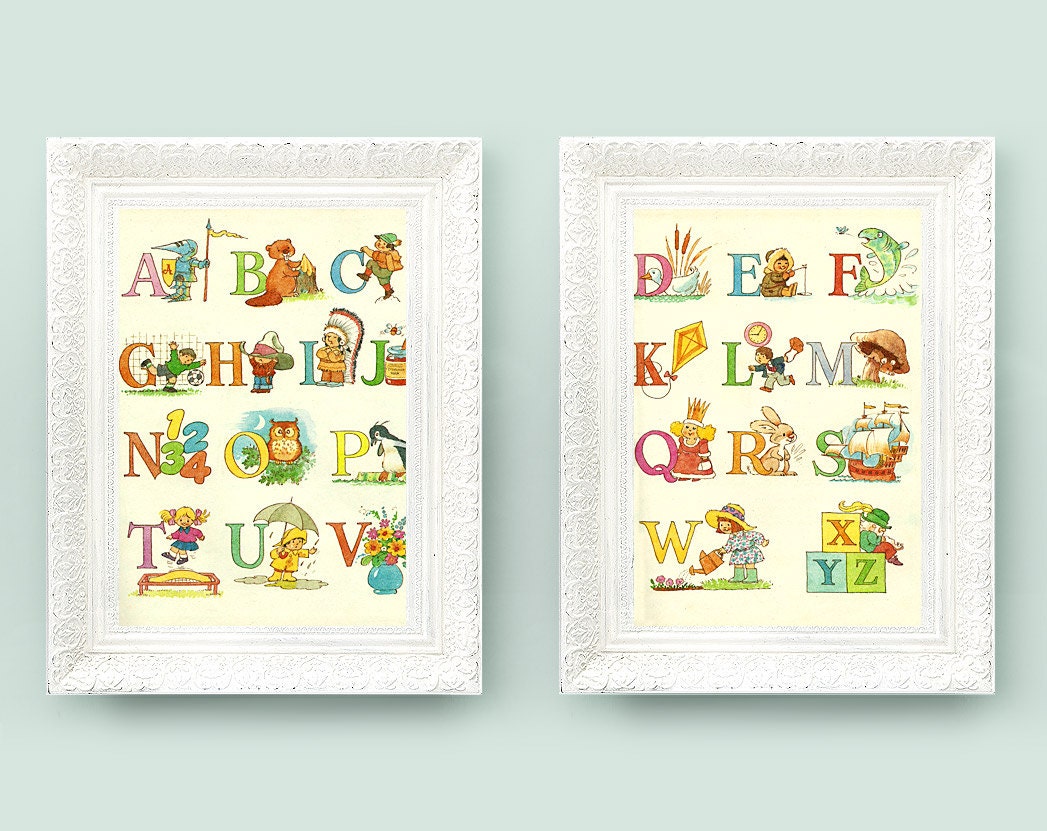 Vintage Alphabet Prints for Babys Bedroom. Set of 2 ABC Illustration. Educational Learning. A-Z Print Cartoon Full 8x11