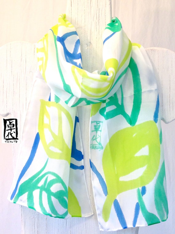 Handpainted Silk Scarf Floral. Green Vine Leaves Silk Scarf. Green Silk Scarf. Spring Fashion. Floral Scarf. 8x53 in.