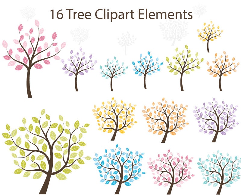 BUY 2 GET 2 FREE - Tree Clipart - 16 trees clip art elements - Personal and Commercial Use