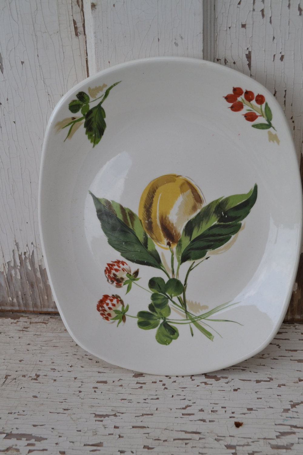 Peach and Clover flower platter vintage platter serving tray vintage kitchen decor yellow spring flowers