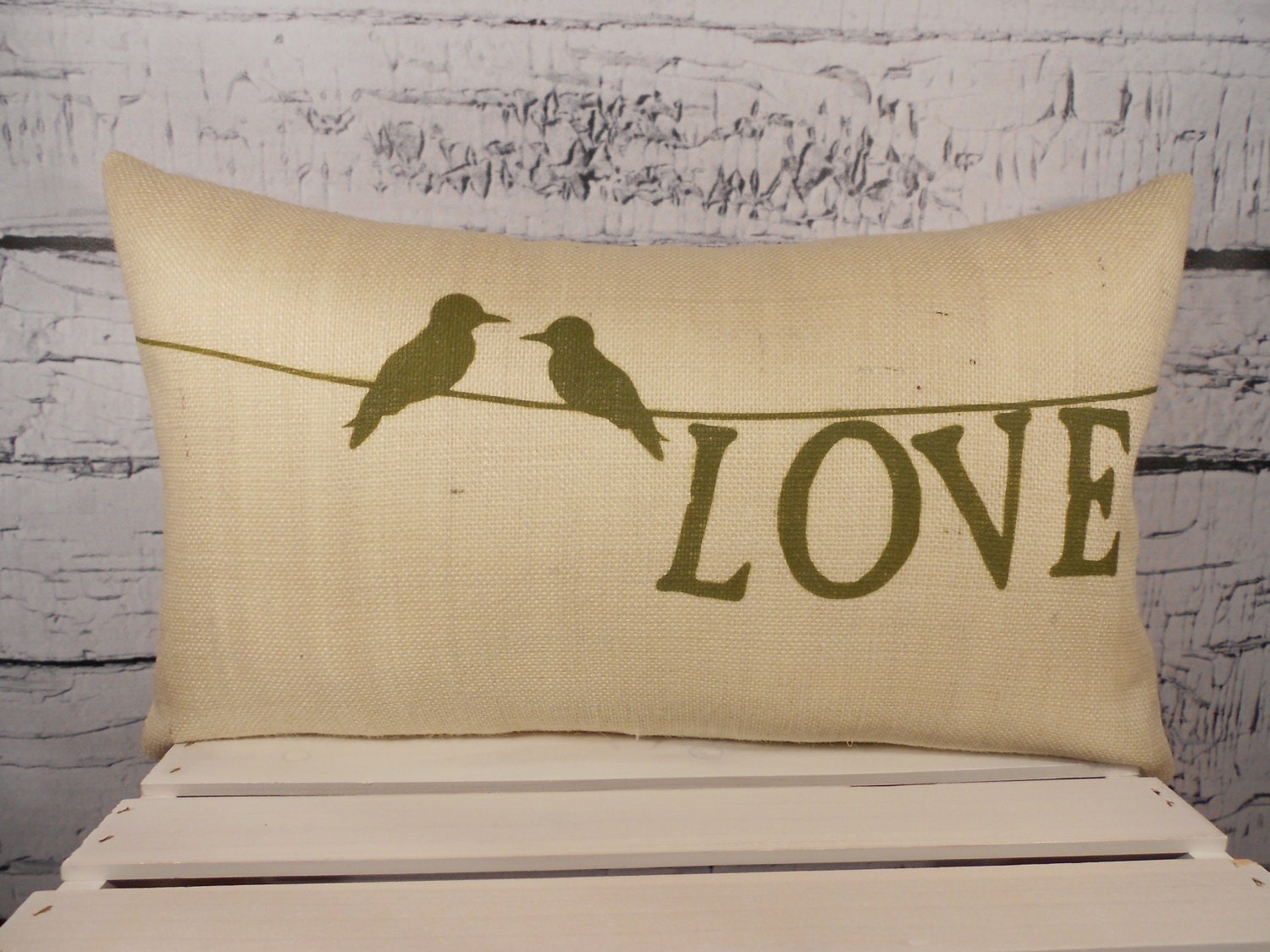 Birds on a wire burlap pillow cover with LOVE - can be personalized with names and date - 12X20 - Pillow Insert Sold Separately