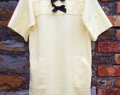 Vintage 60s 50s lemon yellow pussy bow textured shift MOD dress L