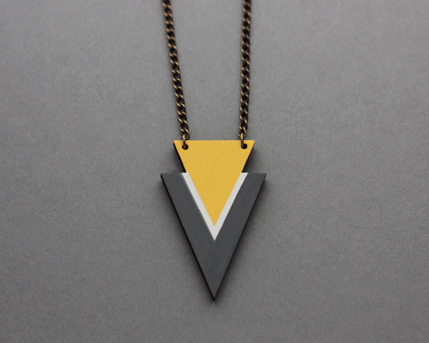 Wooden Double Triangle Necklace (Grey - Yellow)
