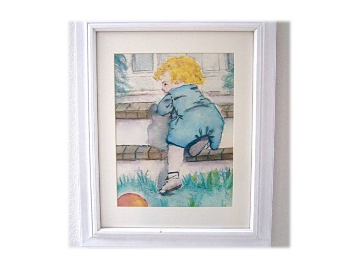 Watercolor Print Little Boy blue white green yellow baby child nursery decor