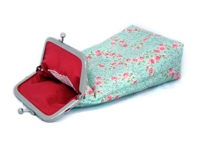 Sunglass Case - Pastel - Mint with Red and Pink Flowers 100% cotton - Silver Frame