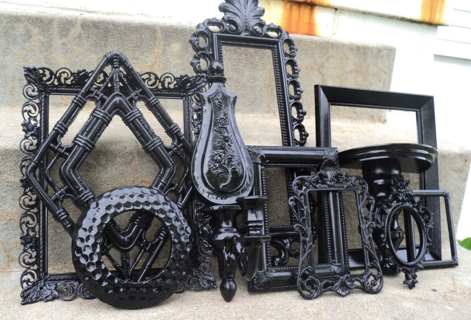 Large Black Ornate Picture Frame Set with Mirror Shelf Sconce Vintage