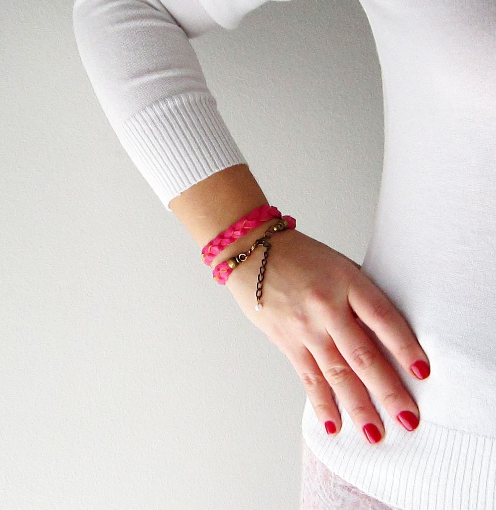 Braided leather bracelet in neon pink -  Pink womens braided double bracelet - Wrap around friendship bracelet - Neon pink braided bracelet - Akamatra