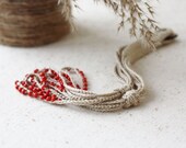 Linen necklace with coral red glass beads Natural rustic crochet beaded jewelry Gift for her under 25 Winter fashion Free shipping ohtteam