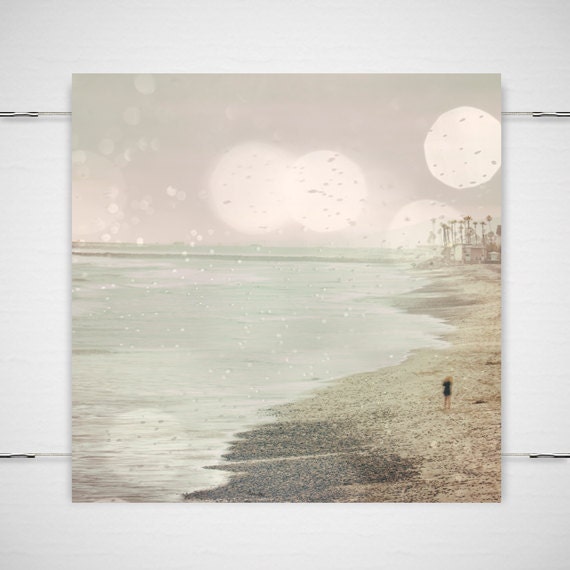 Dreamy Beach Photography / woman boardwalk bokeh summer / pastel green pink moody surreal / 8x8 photograph print / "Searching For You"