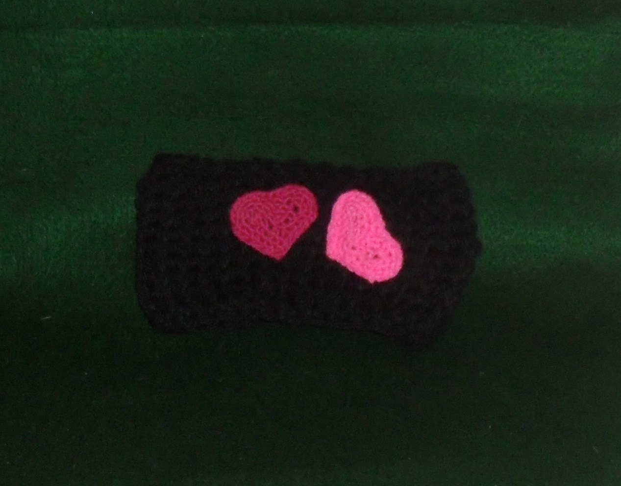 Black Knit Ear Warmer with 2 Hand Crocheted  Heart Accents. Valentine Day Headband. Great Gift idea.