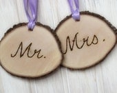 Bride and Groom or Mr and Mrs Chair Sign Tree Slice Photo Prop Reception Decor Rustic Wedding Your Ribbon Color Choice