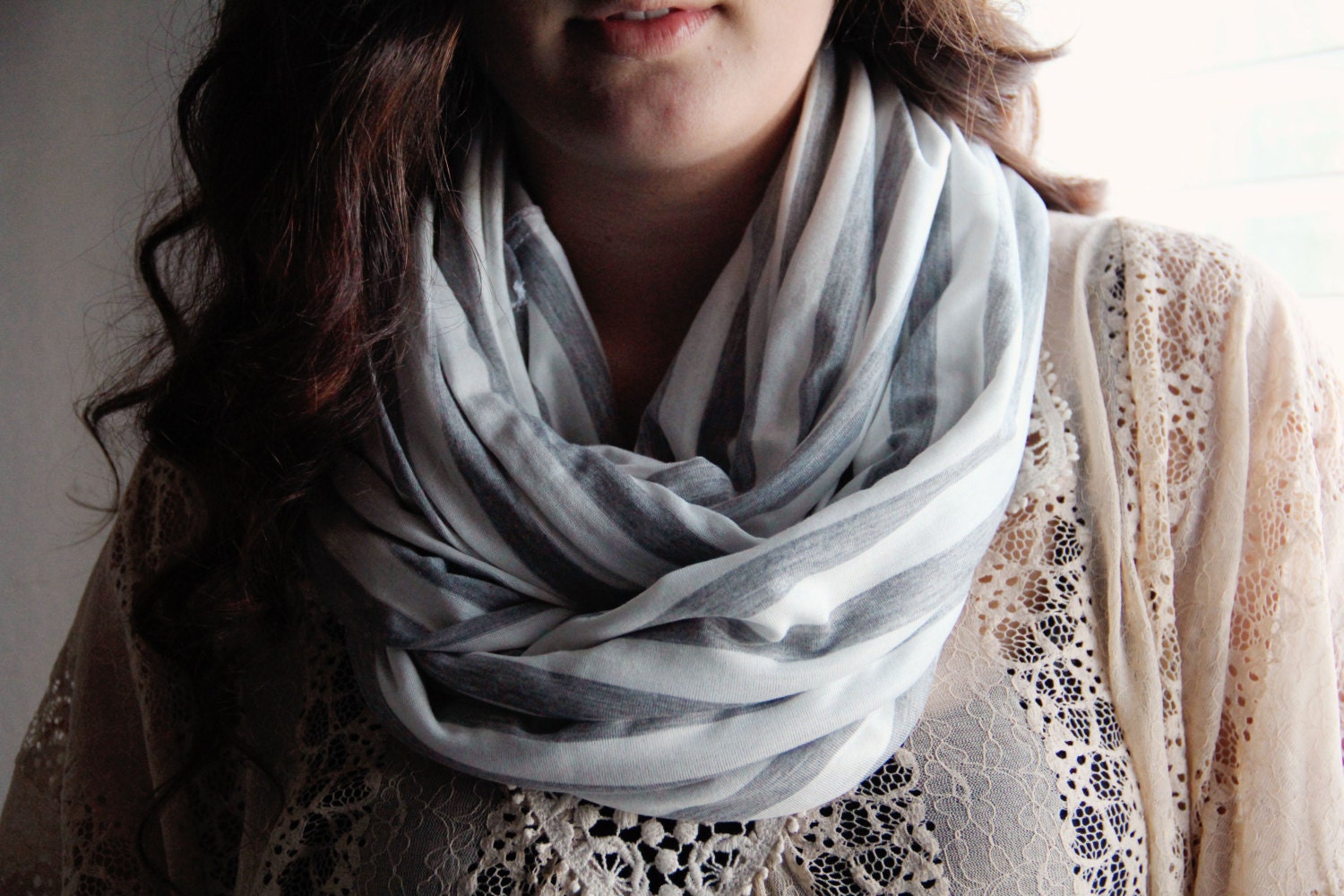 Gray and White Stripe Cozy Infinity Scarf, Loop Scarf, Light, Summer Scarf, SOFT