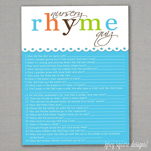 Nursery Rhyme Quiz - Baby Shower Game - Blue