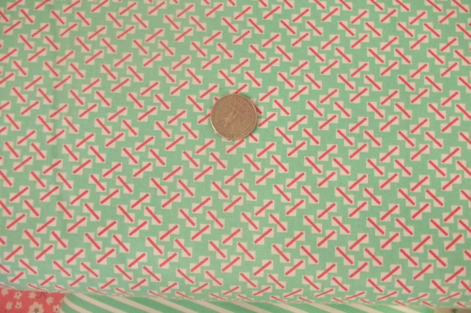 Posy By Aneela Hoey For Moda cute coordinating print with  pink line on white bow on light green back ground 1 yard cotton quilt fabric