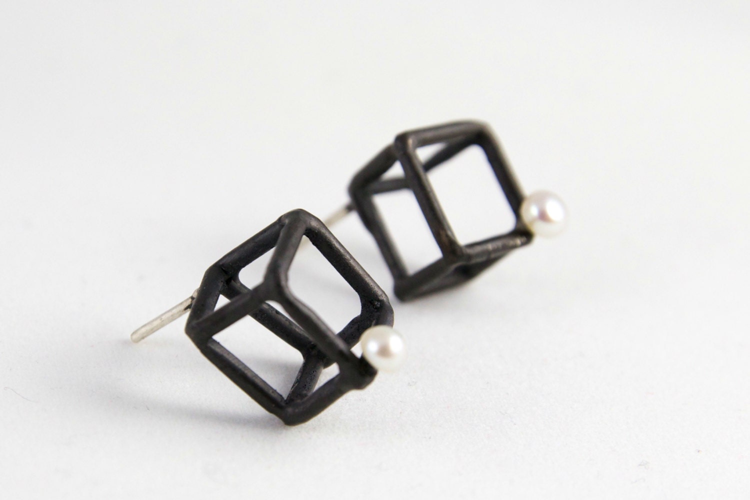 Sterling Silver Cube Stud Earrings- Pearl Cubic Earrings- Sterling Silver Cubic Earrings- Oxidised
