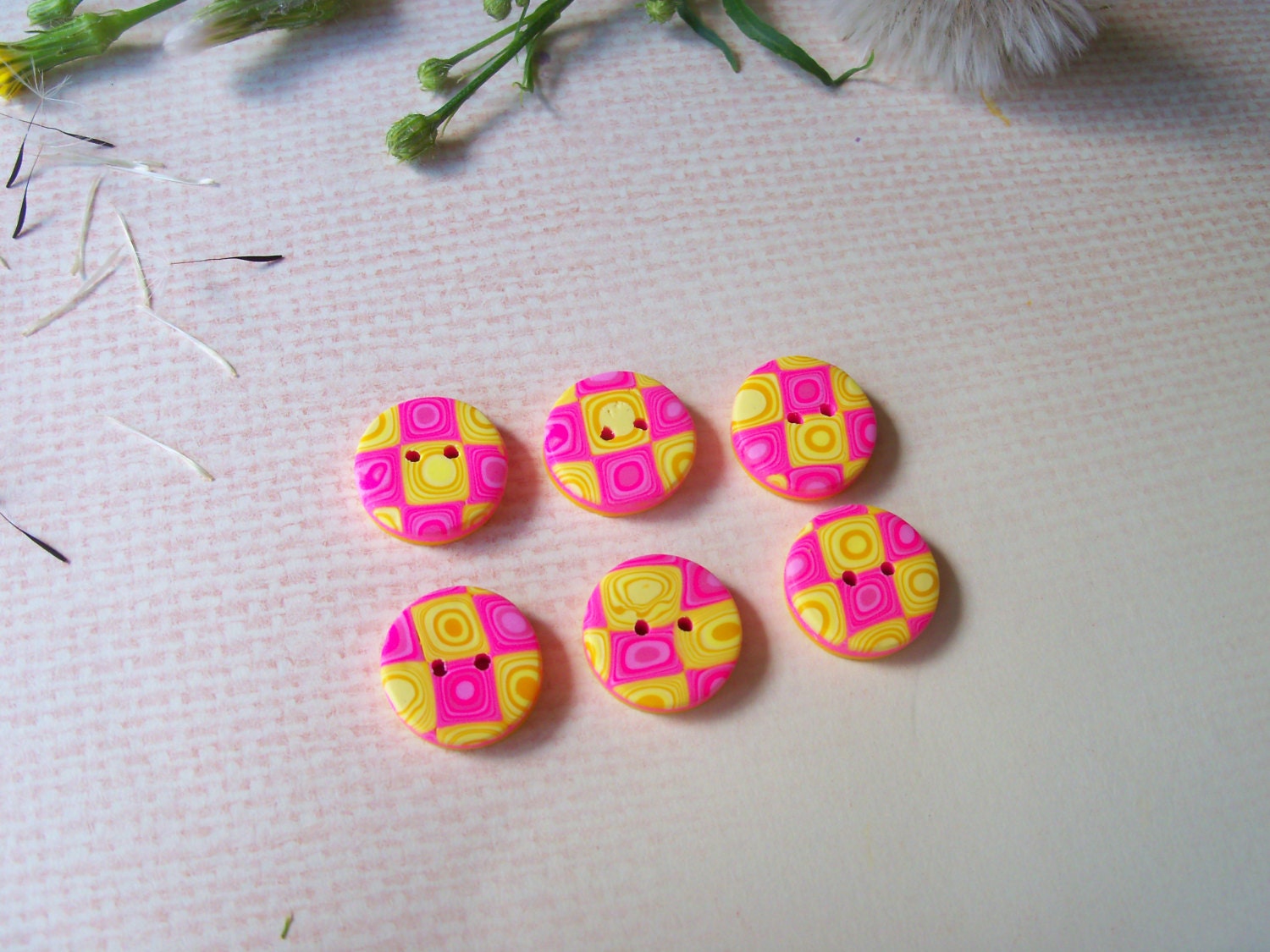 Handmade Polymer Clay Buttons, 9/16 inch, set of 6, pink and yellow