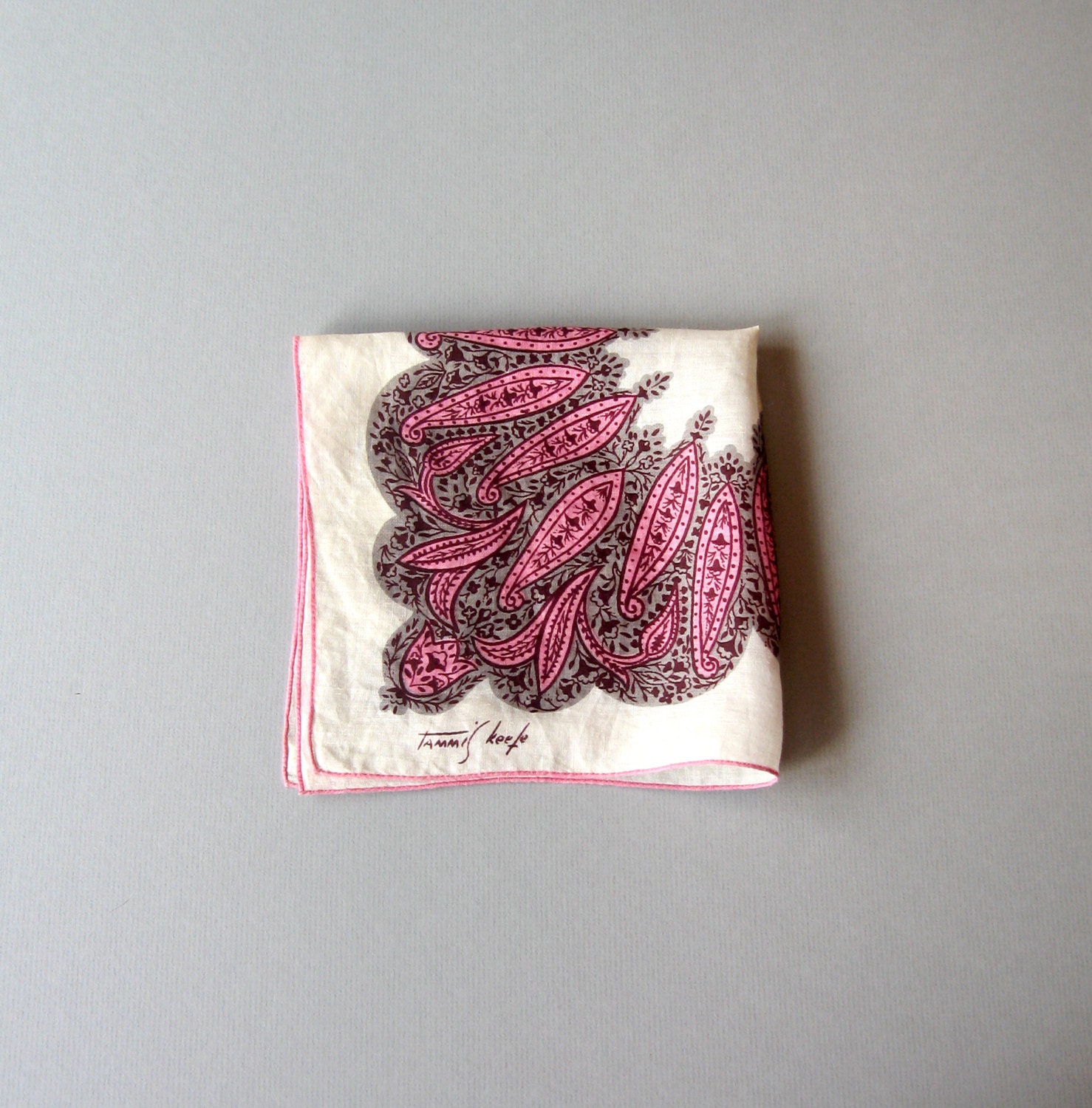 Vintage Tammis Keefe Handkerchief - Pink / Grey Paisley