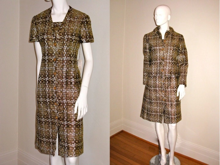 Vintage 1960s 1970s Malcolm Starr by Elinor Simmons Metallic Brocade Dress Jacket Set New with Tags NWT Bust 37