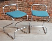 Daystrom Turquoise Blue Wool Upholstered  Chrome Stools / Free Curbside Delivery NYC