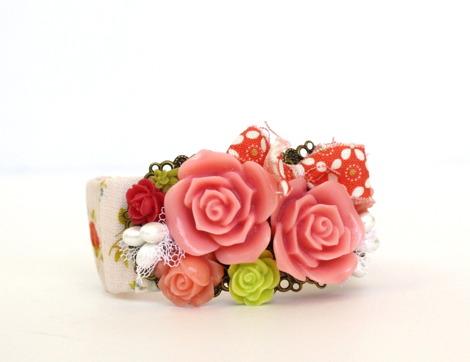 Cuff Bracelet, Jewelry, Floral, Coral Nectarine, Unique One of A Kind