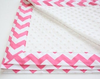 Minky Baby Blanket - Riley Blake Chevrons in Hot Pink with White Minky Dot - (30 X 32) - Personalization Available