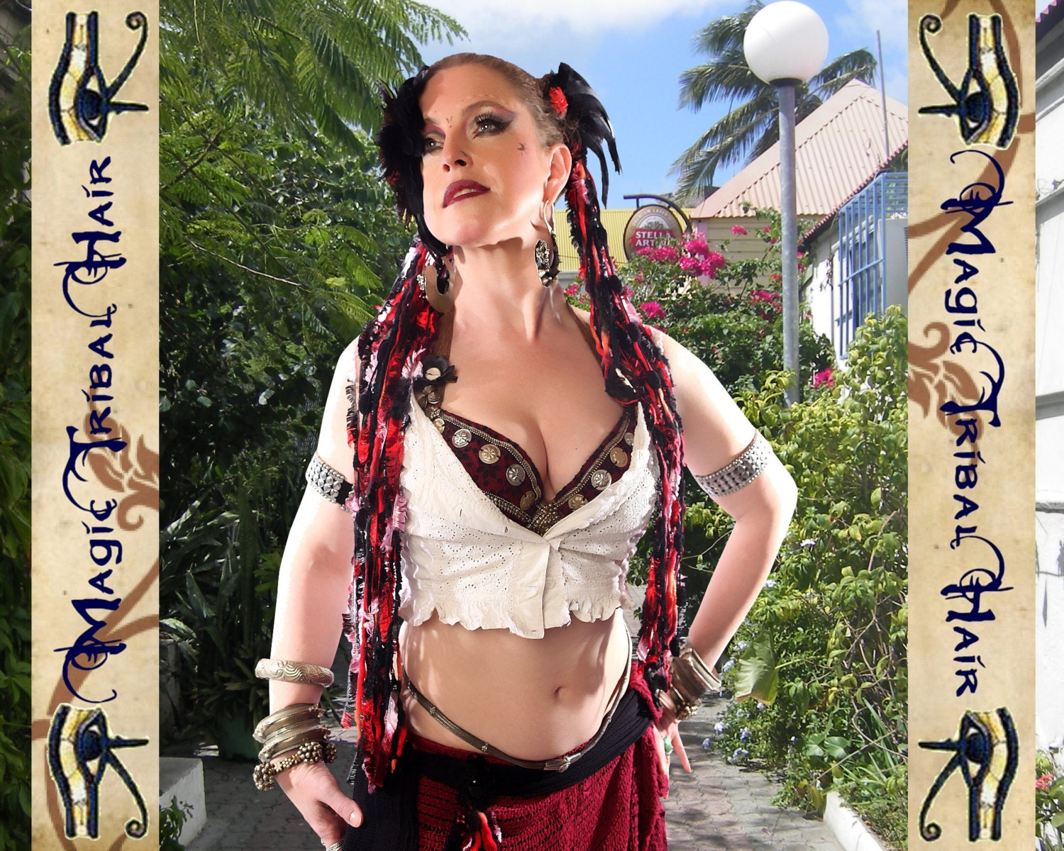 2 x Tribal Fusion hair TASSELS "red passion" FANTASY GOTH yarn falls Clip extensions Belly Dance wig Highlights