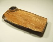 Rustic Handmade Small Spalted Hawthorn Wooden Serving Platter with Votive Candle Holder.