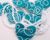 White and Teal Crochet Heart Banner, Hand Stitched Bunting, Wedding Shower, 100 Inches
