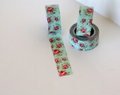 Vintage Rose washi tape, aqua color with red roses
