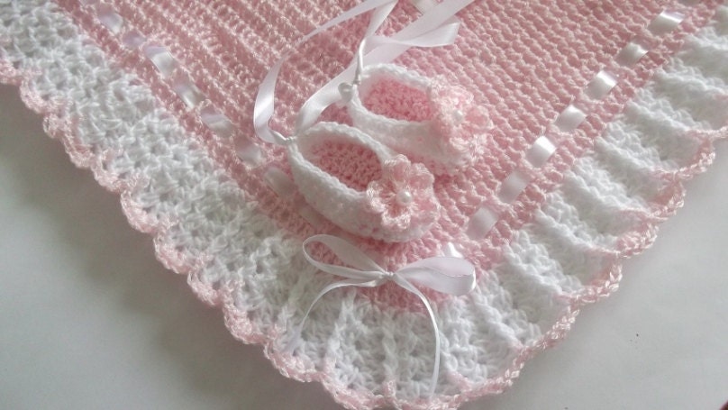 Crochet Baby Blanket / Afghan and Booties  Pink White Christening, Baptism, Baby Girl Granny Square Crochet Blanket, Gift