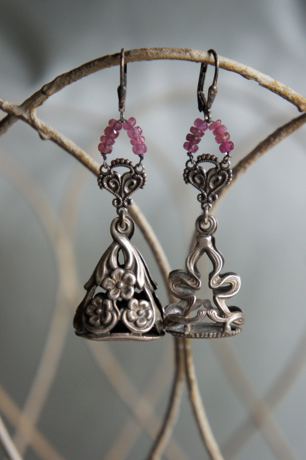 Vintage assemblage earrings vintage watch fobs pink sapphires assemblage jewelry - by French Feather Designs.