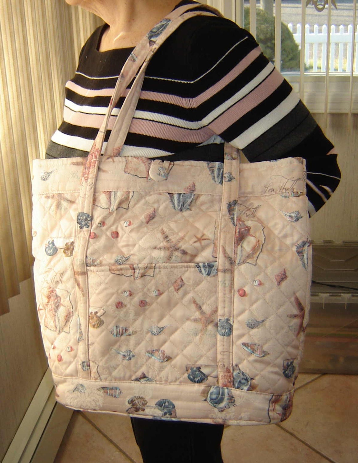 Sale - Large Handmade QUILTED Organizational TOTE and/or DIAPER Bag in Light Peach SeaShell Printed Fabric with Button Closure - Was 25.00