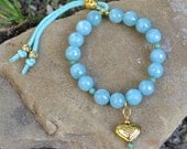 Perfect Friendship Gift - Heart Charm Bracelet with Light Turquoise or Aqua Beads ADJUSTABLE