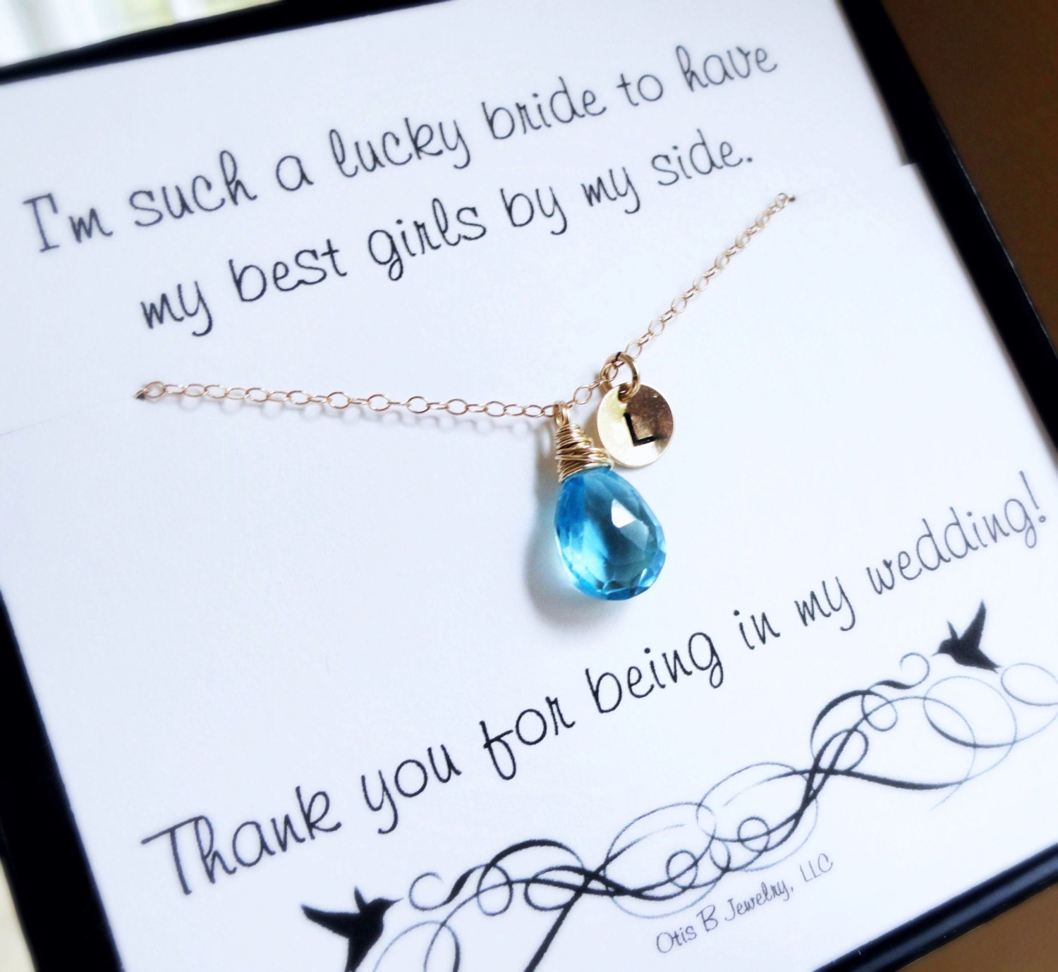 Bridesmaid Gifts, SET OF SEVEN personalized birthstone & initial necklaces, gold fill, Bridesmaid thank you cards, bridesmaid jewelry