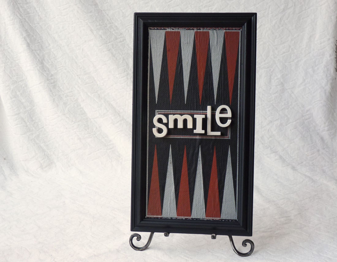 Smile sign, Bisque letters on game board in black frame, mid century style wall decor