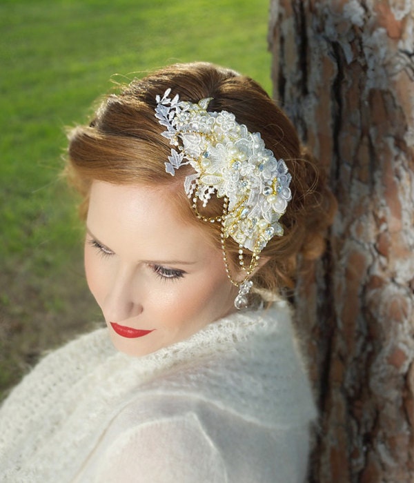 Ivory Lace Headpiece, gold lace head piece, lace fascinator, crystal hair comb, bridal hair comb, wedding accessories - Ready to Ship - MAYA