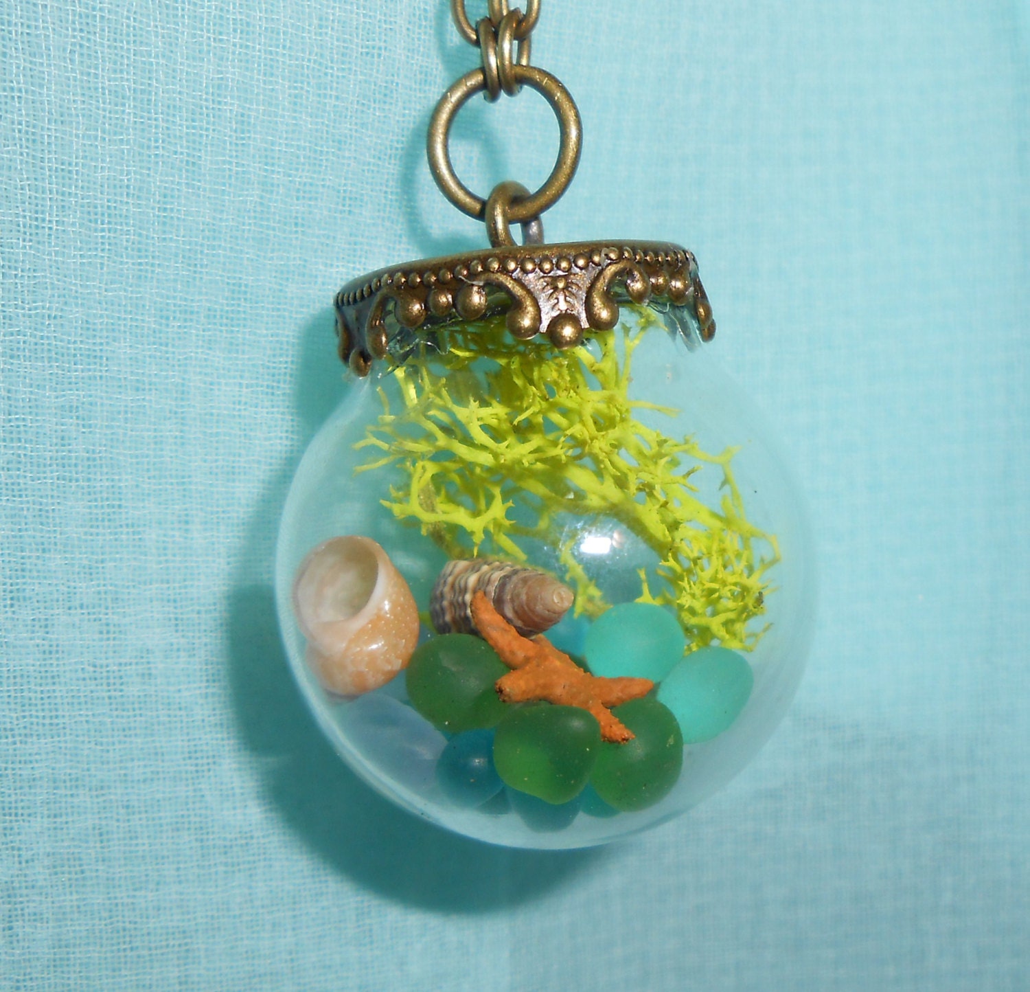 Sea Glass Terrarium Orb Pendant Filled with Green, Blue & Seafoam Sea Glass, a Tiny Little Starfish, Seashells and Moss